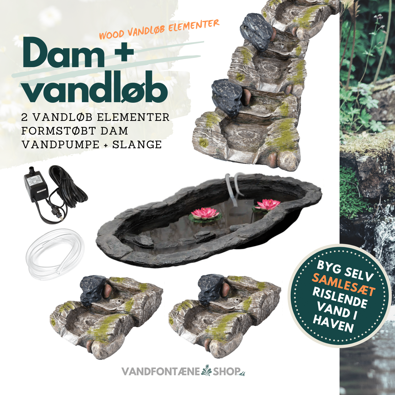 Havedam med Vandløb - Komplet Sæt i Trædesign