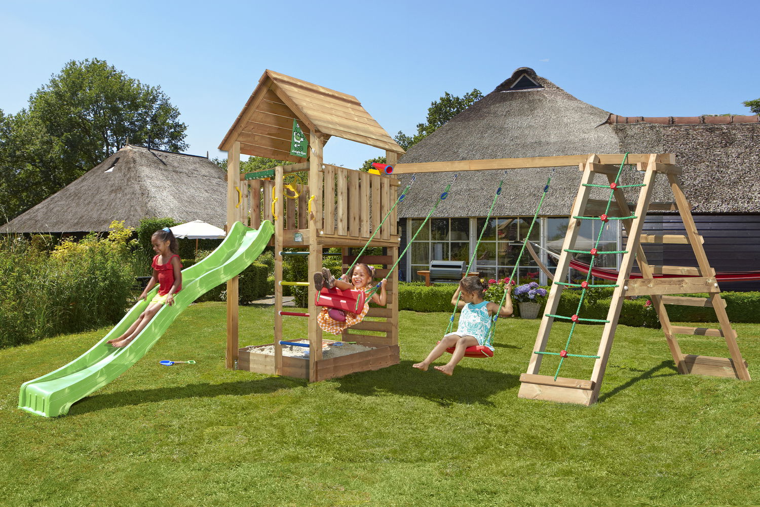 Legetårn Jungle Gym Cabin med Grøn Rutsjebane – Fantastisk Leg!