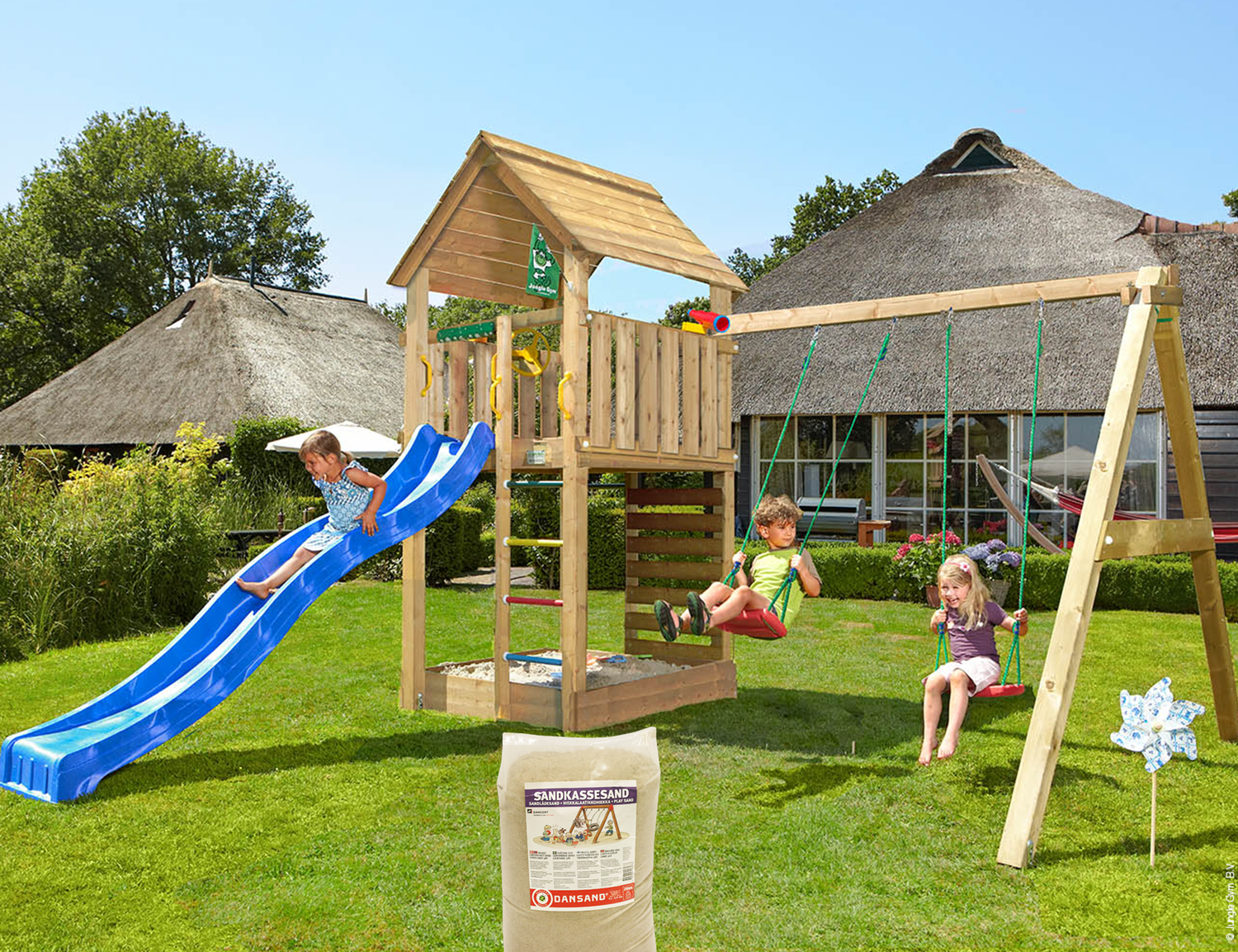 Legetårn Jungle Gym Cabin med Blå Rutsjebane og Sand