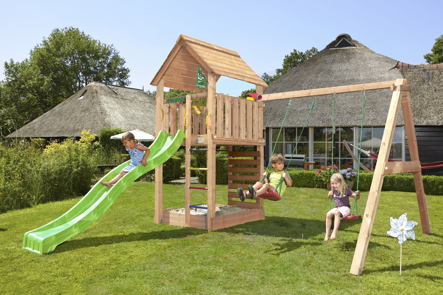 Legetårn Jungle Gym Cabin med Rutsjebane og Gyngemodul