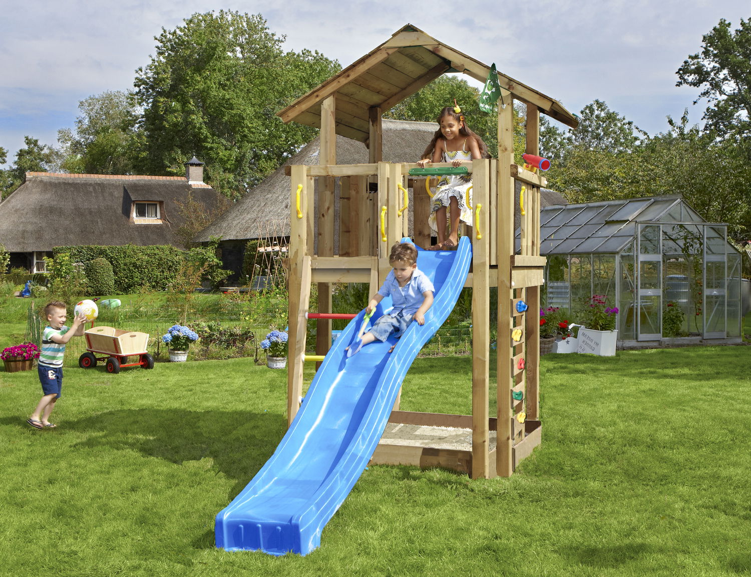 Legetårn Jungle Gym Chalet med Grøn Rutschebane til Udeliv