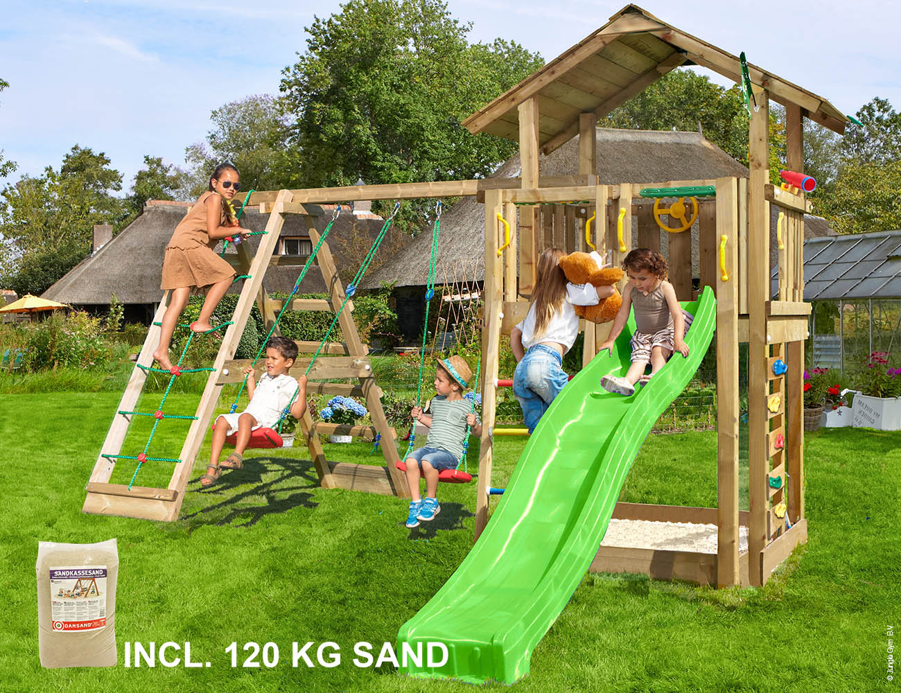 Legetårn Jungle Gym Chalet med Rutschebane og Sand