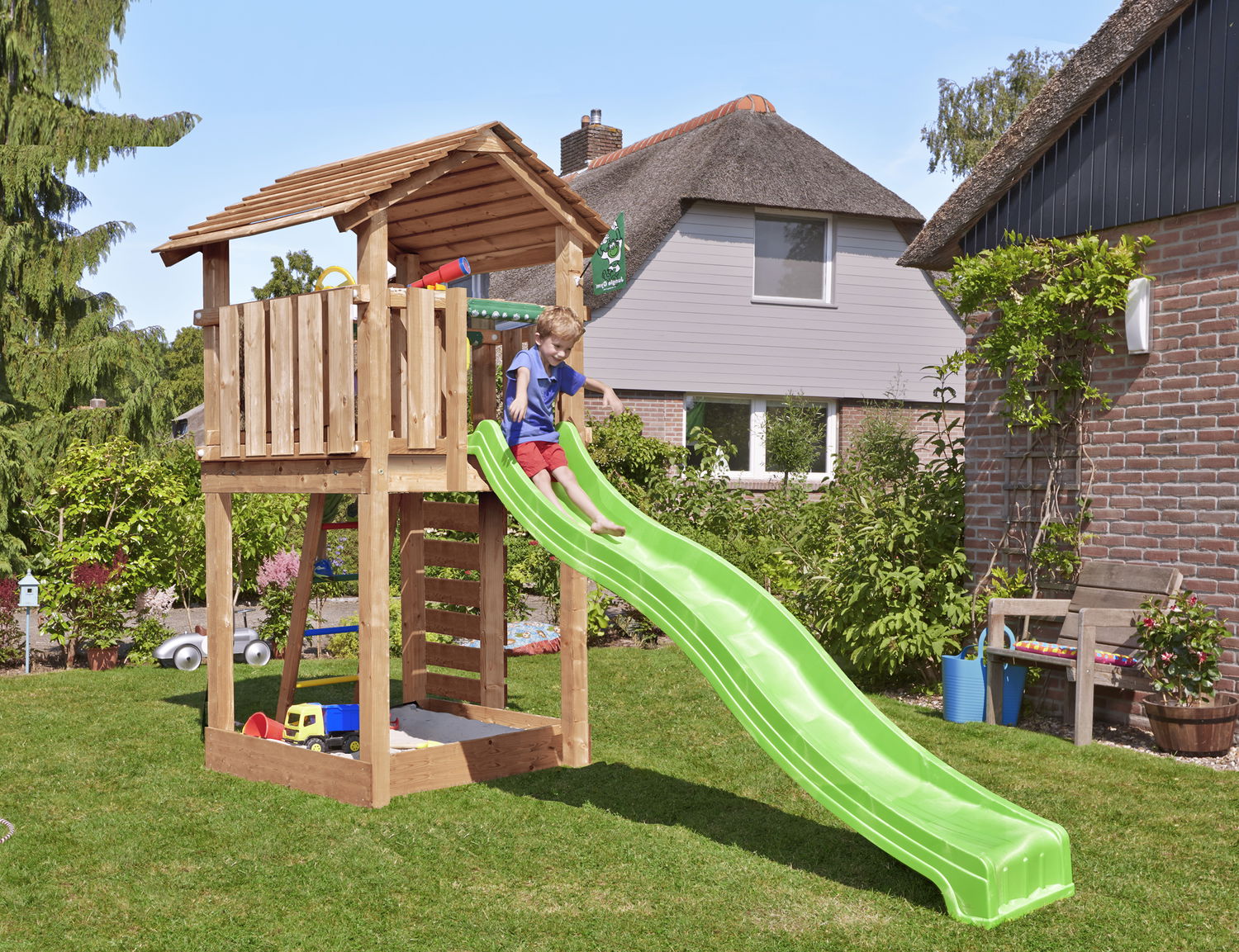 Legetårn Jungle Gym Cottage med Grøn Rutschebane