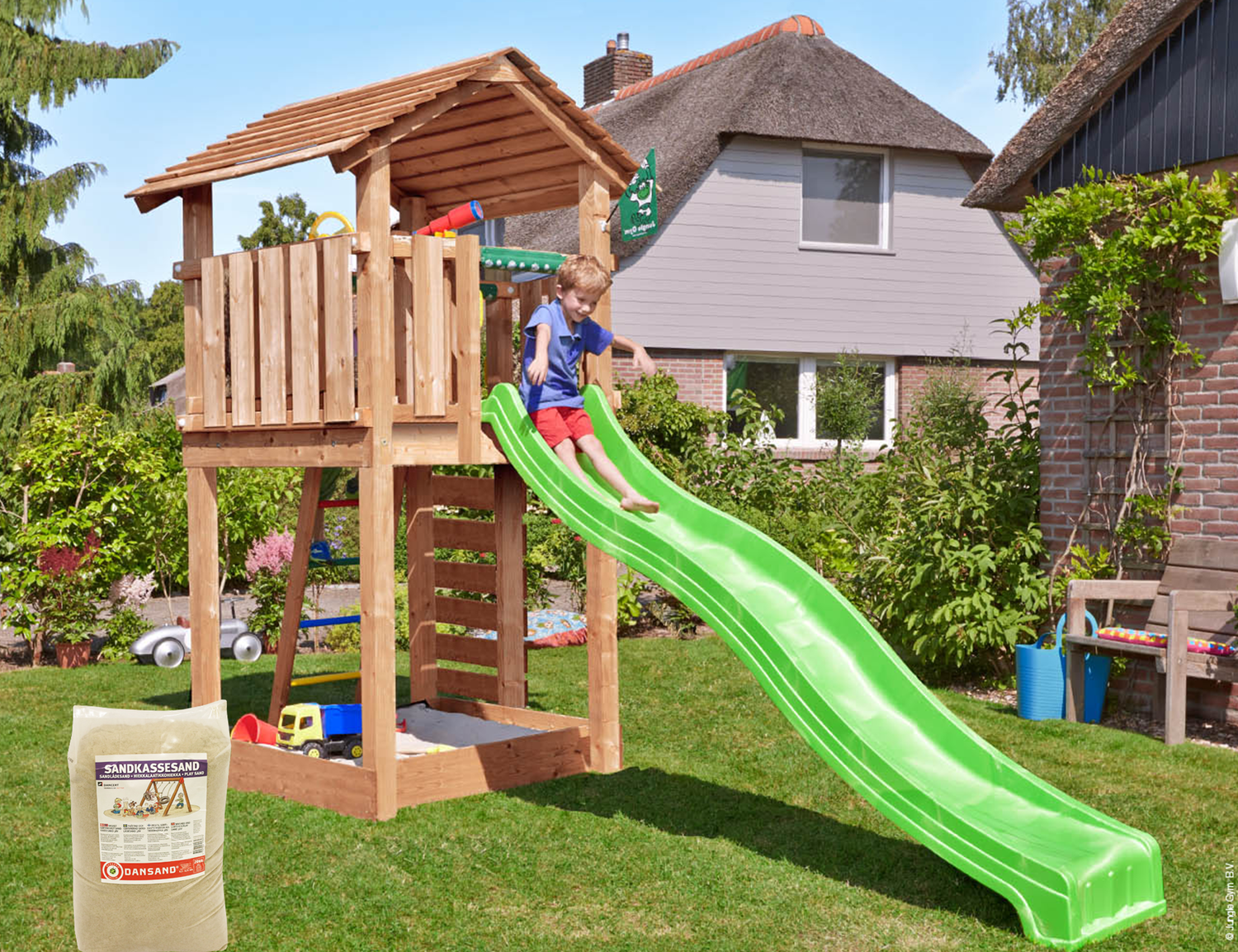 Legetårn Jungle Gym Cottage med Grøn Rutschebane og Sand