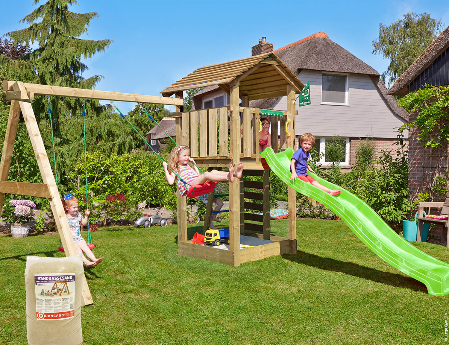 Legetårn Jungle Gym Cottage med Rutschebane og Sand