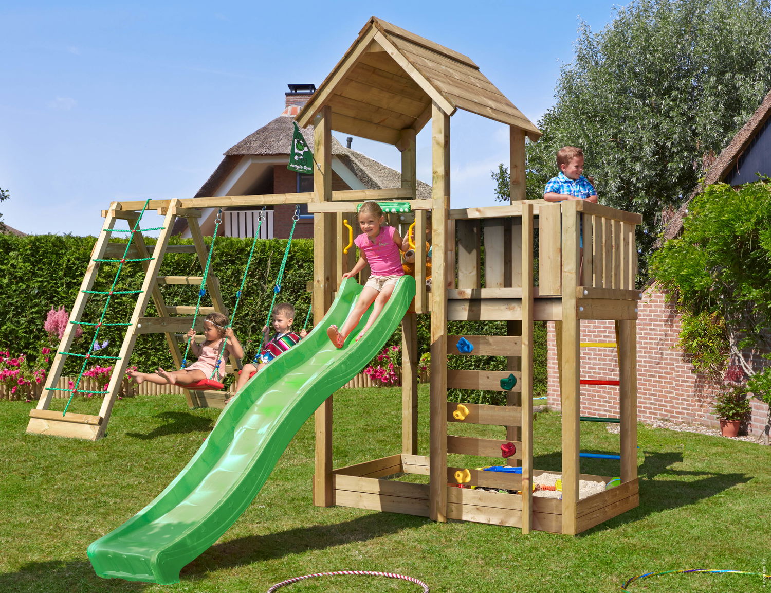 Legetårn Jungle Gym Mansion med Grøn Rutsjebane og Sand