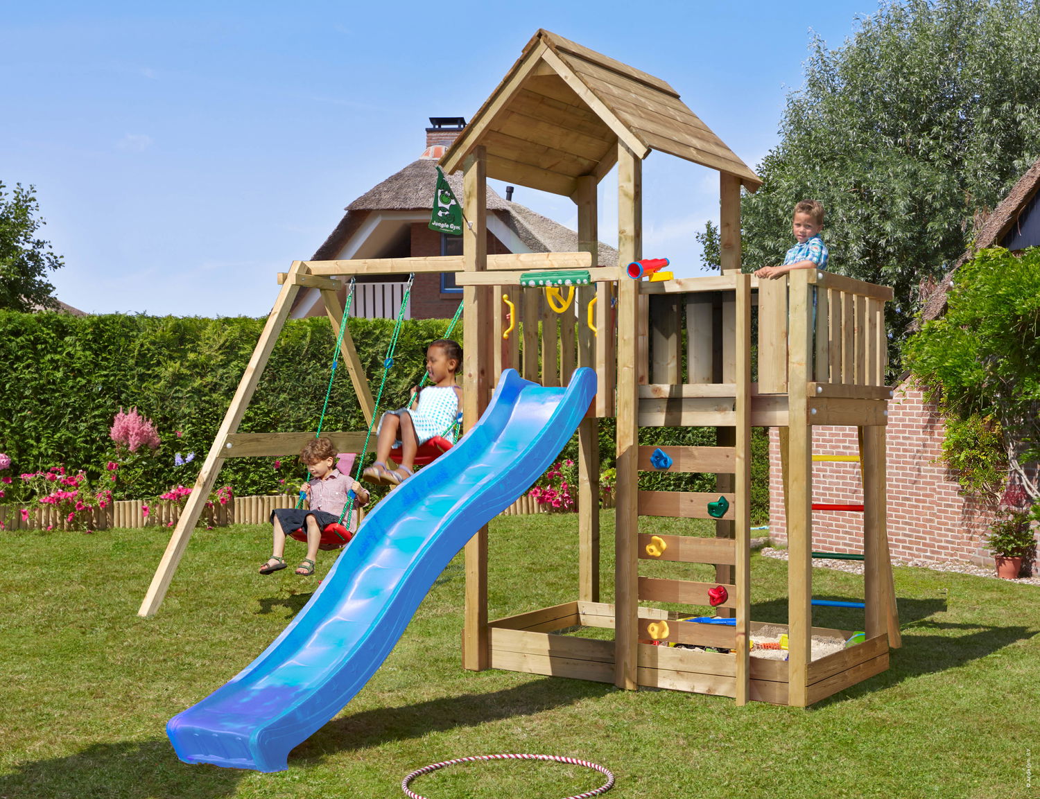 Legetårn Jungle Gym Mansion med Svingmodul og Rutsjebane