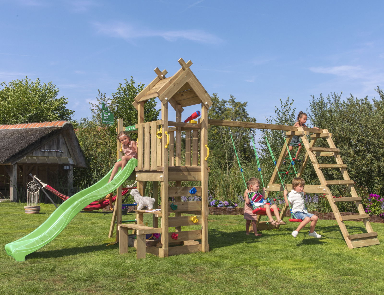 Legetårn Jungle Gym Teepee med Rutschebane og Klatremodul