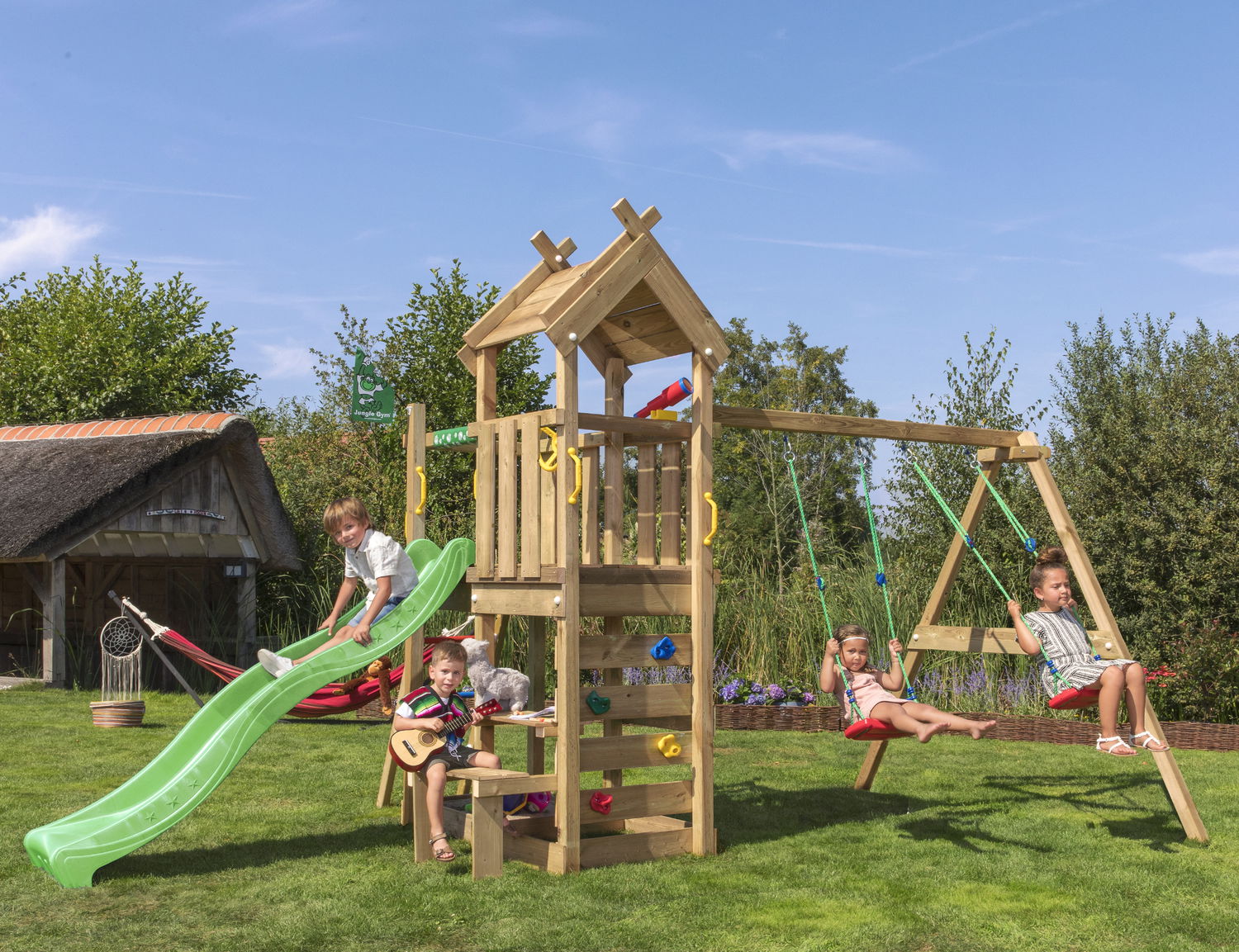 Legetårn Jungle Gym Teepee med Gyngemodul og Rutschebane