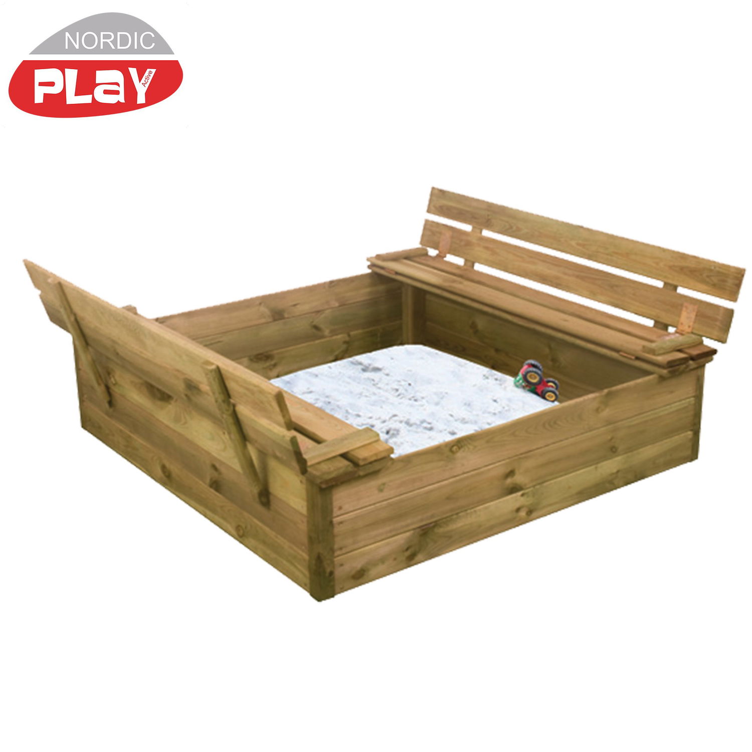 Nordic Play Sandkasse med Vippelåg og Bænk - 240 kg Sand