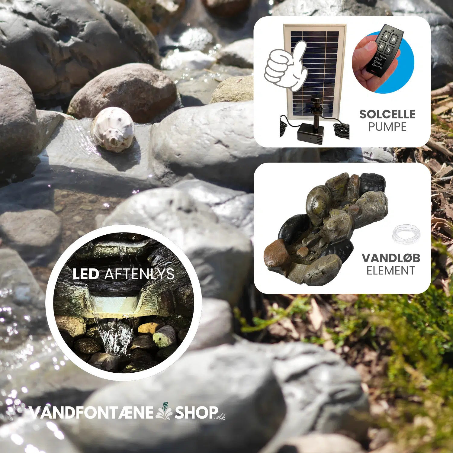 Solcelledrevet Vandløb med LED Lys - Elegant Havefunktion
