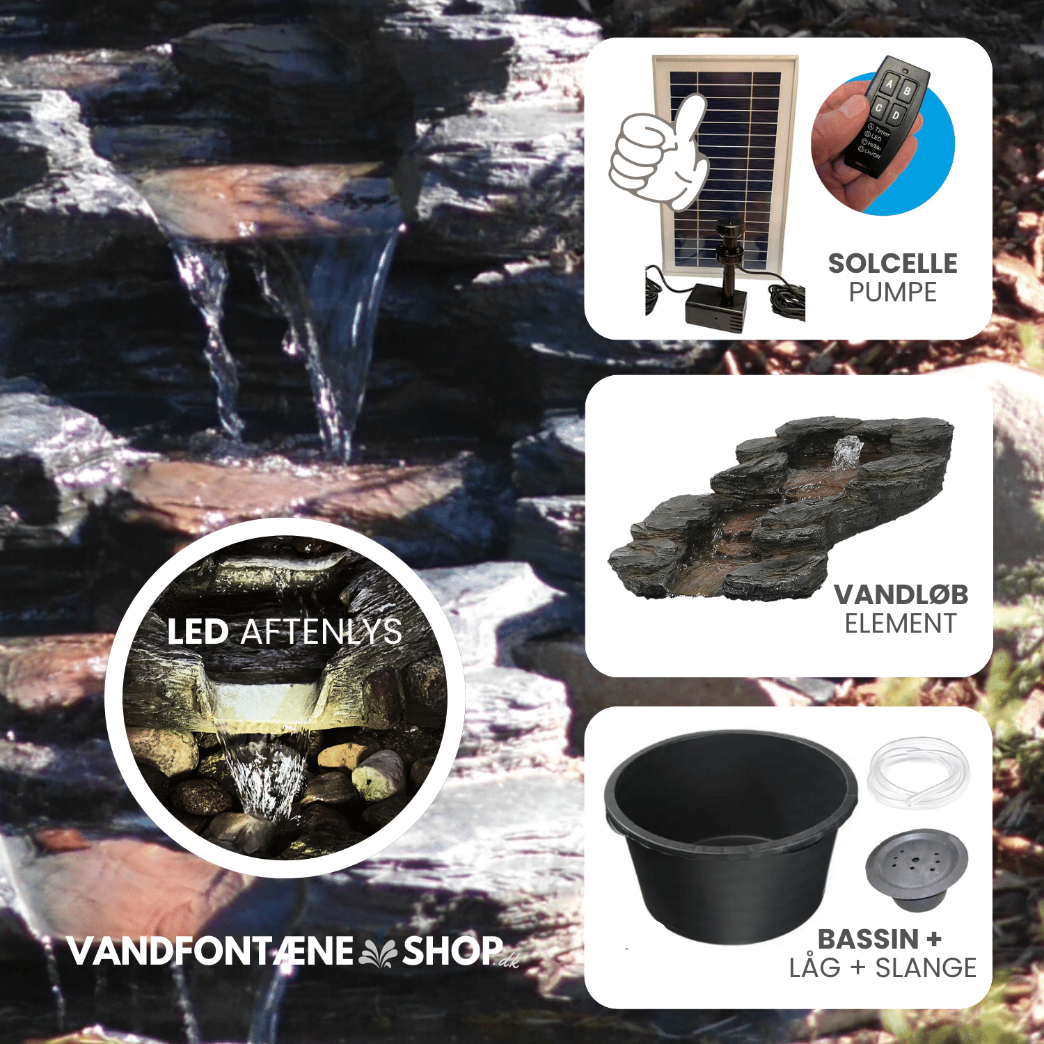 Solcelle Vandløb med LED Lys og 90 L Bassin - Sten Design