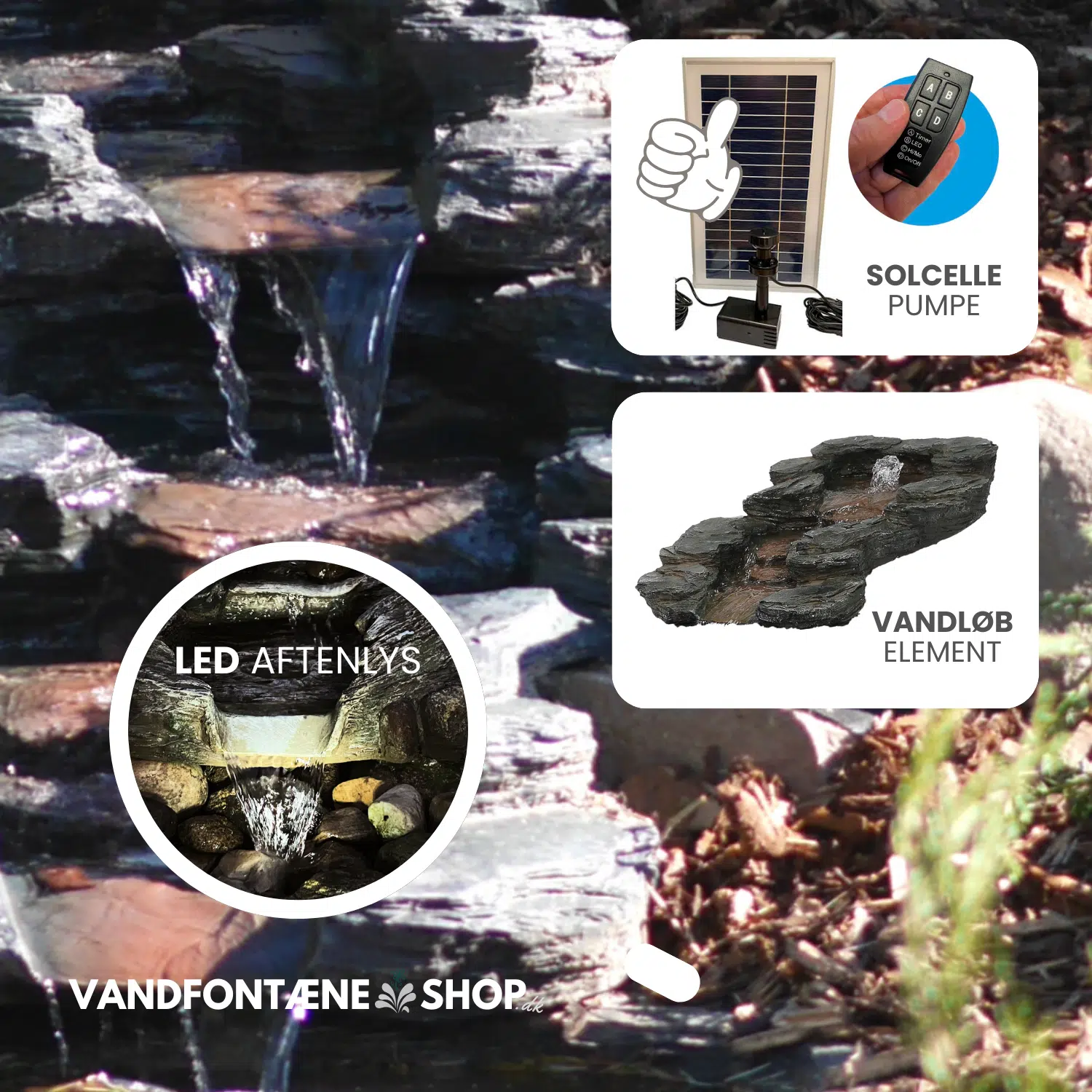 Solcelledrevet Vandløb med LED Lys - Elegant Haveelement