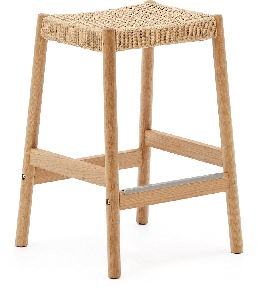 Barstol Højbordstol Kave Home Yalia   Massivt Egetræ Med Håndvævet Reb  Natur  Rustik Nordisk Stil H66xø45 Cm