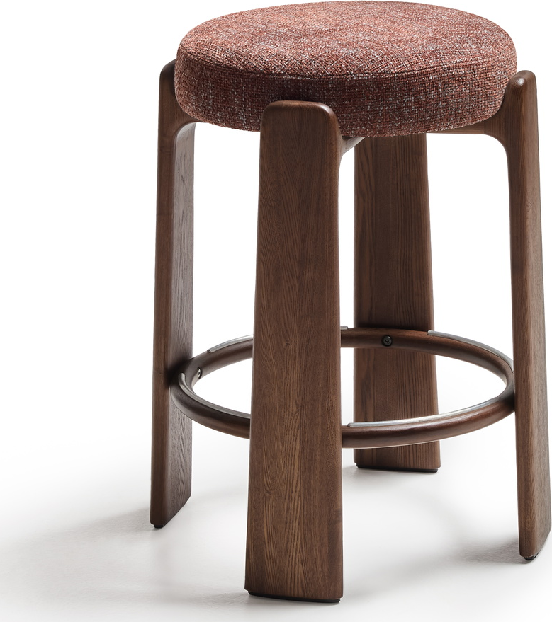 Barstol Kave Home Granite Uden Ryg  Brun Chenille  Massivt Asketræ Ben  Sædehøjde 65 Cm  Nordisk Rustik