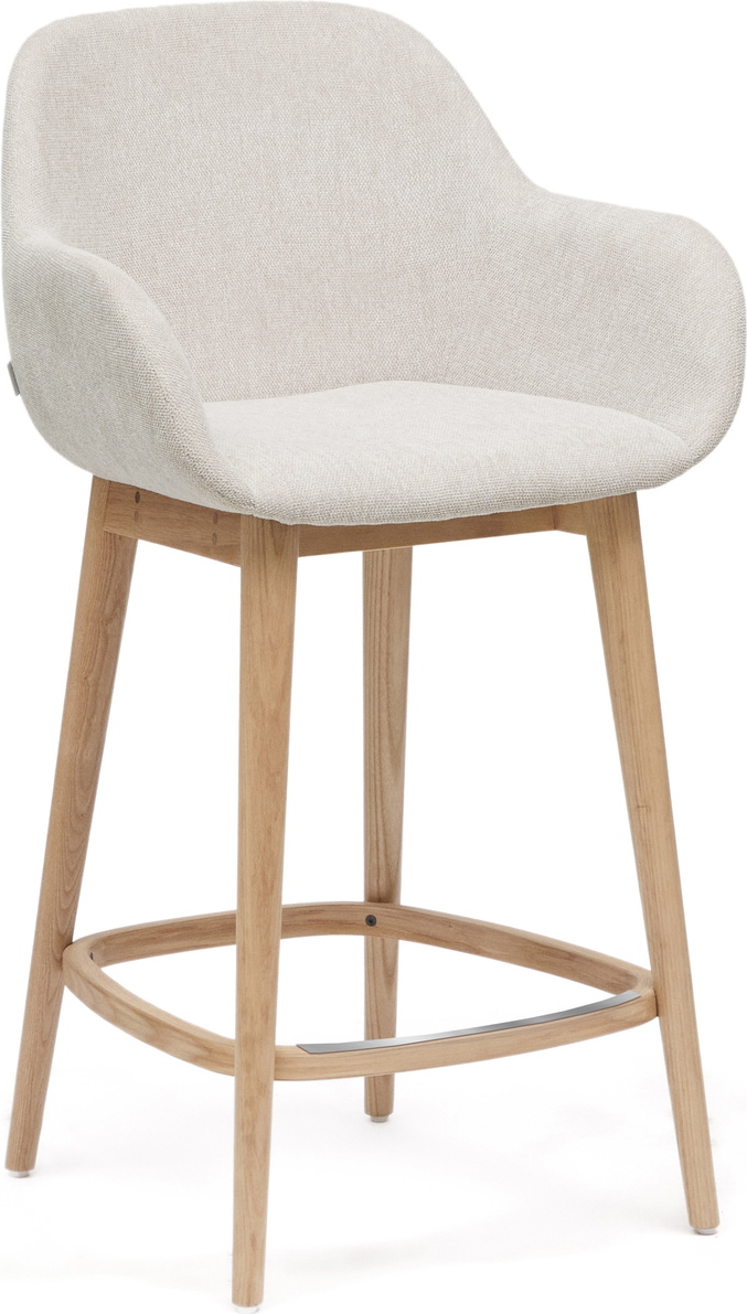 Barstol Kave Home Konna Beige Chenille Med Polstret Sæde Og Ryg  Ergonomisk Rygstøtte  Lakerede Asketræsben Og Fodstøtte