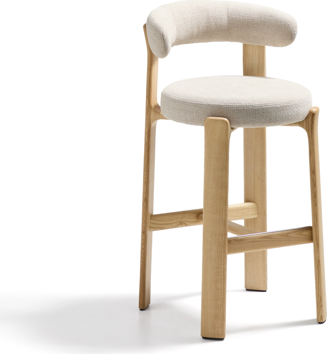 Barstol Med Ryglæn Kave Home Granite Massiv Asketræsramme  Beige Chenille  Sædehøjde 75 Cm