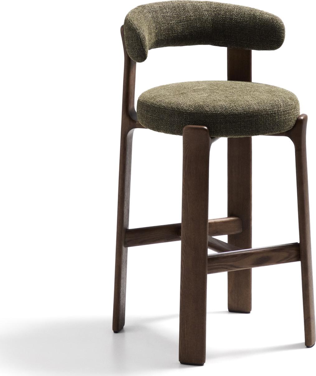Barstol Med Ryglæn Kave Home Granite  Olivengrøn Chenille  Massivt Asketræ  Sædehøjde 75 Cm