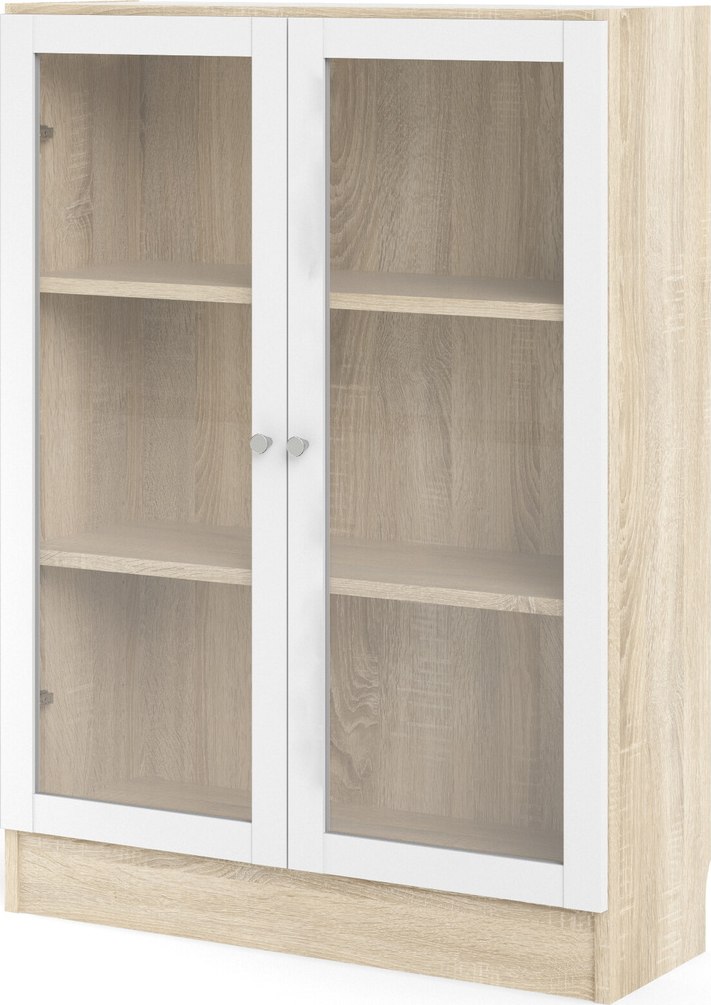 Bogreol Vesterholm Basic  Vægmonteret Med Glasdøre  Hvid Låge Natur Egestruktur  H107ã B79ã D28 Cm  Anti-vælteanordning