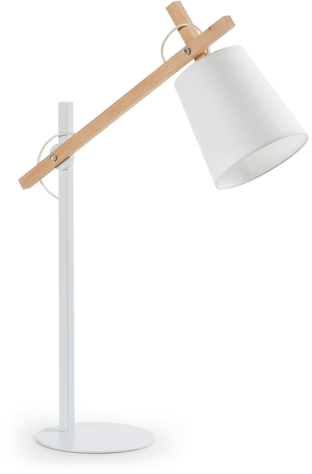 Bordlampe Kave Home Kosta   Nordisk Moderne   Hvidt Metal   Naturlig Bøg Med Bomuldsskærm  H65ã B18ã L50 Cm
