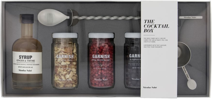 Cocktailgaveæske Nicolas Vahé Gift Sets Cocktail Box Med Ginger   Thyme Sirup  Garniture  Røreske   Opskriftkort