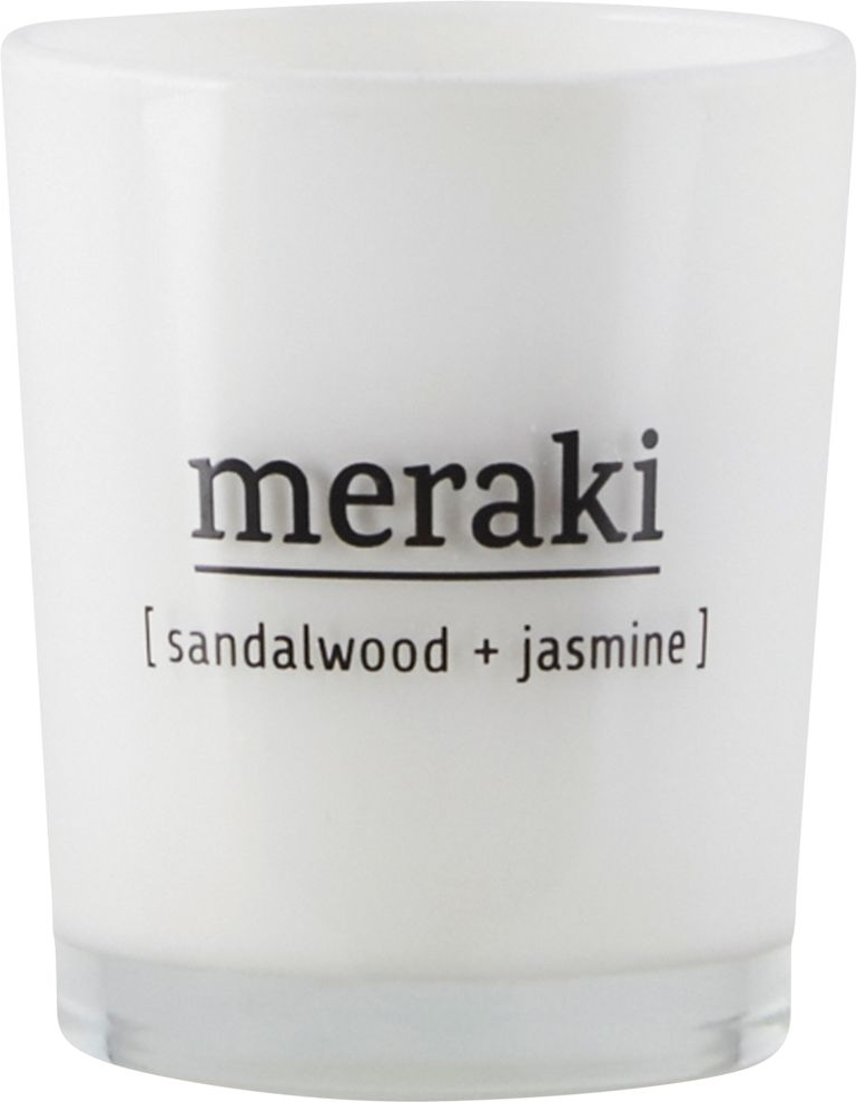 Duftlys Meraki Sandalwood   Jasmine   Sojavoks   Hvidt Glas ø5     H6   Cm  Brændetid 12 Timer