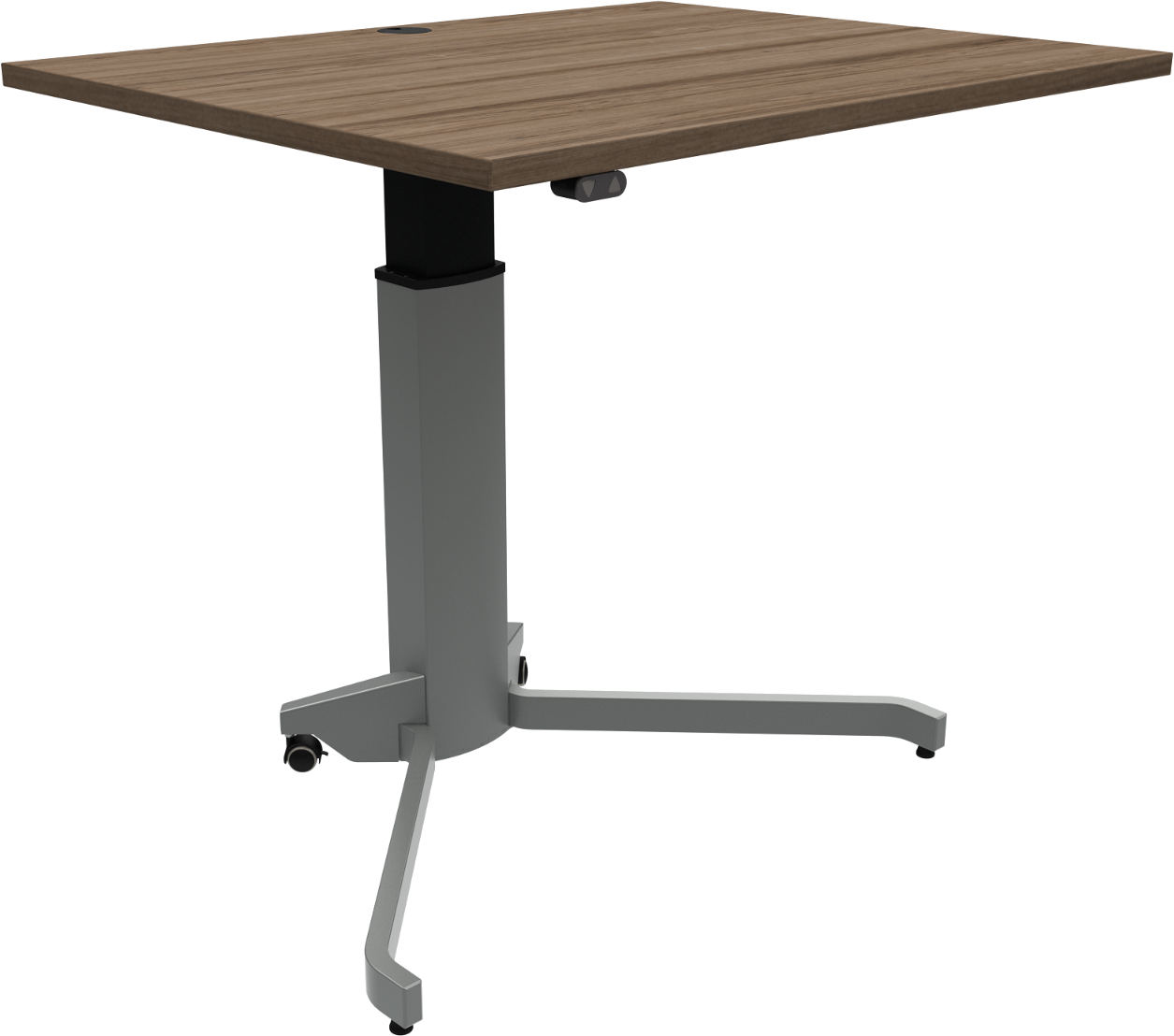 Enkeltben Hæve- Sænkebord Zennord Zenrise Mørk Natur Sølv Valnød Med Melaminoverflade H68-120 Cm Robust Stel Med Låsbare Hjul