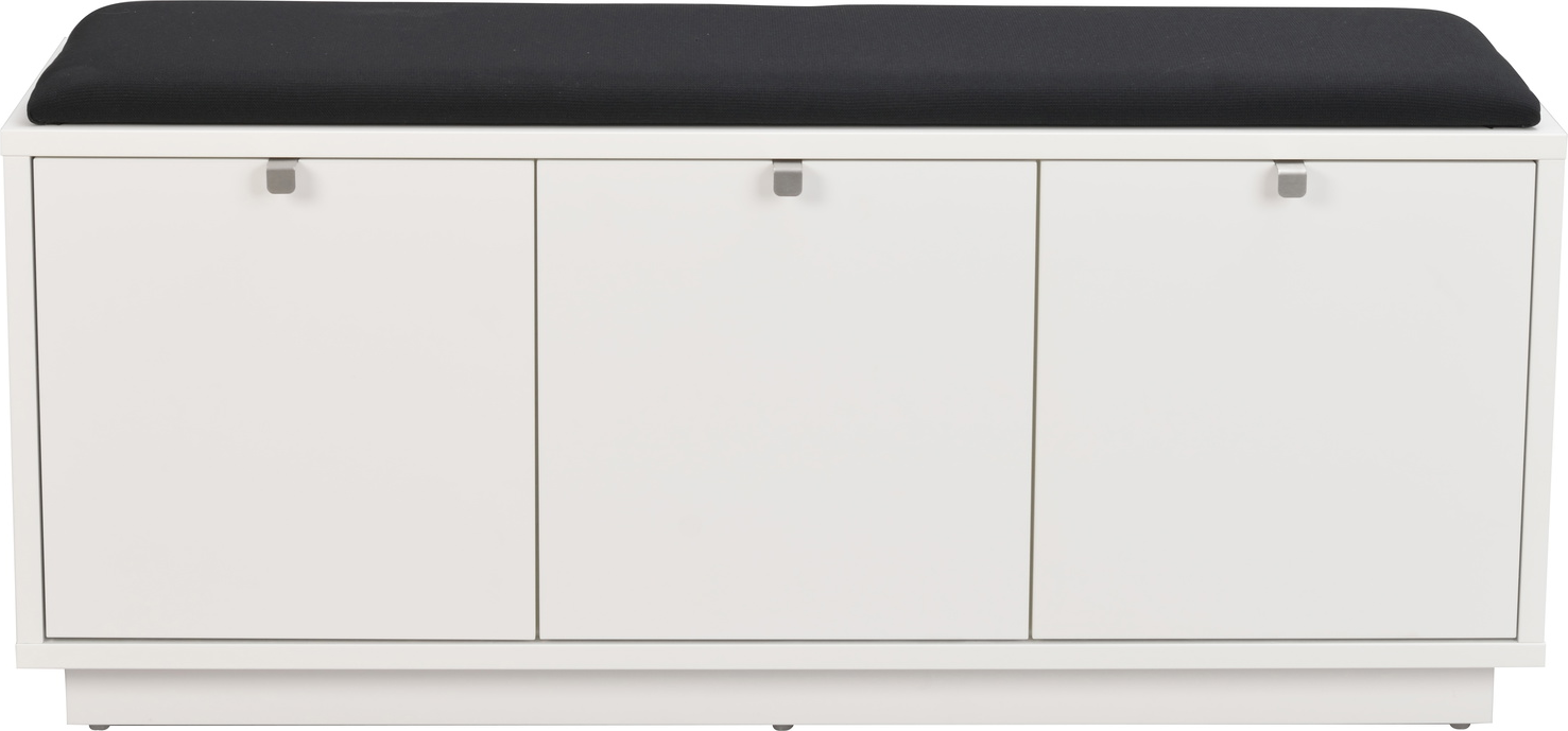 Entrébænk Rowico Confetti Hvid Sort Med   Skjulte Skuffer  Lakeret Mdf Og Sort Optex Notice   Stofsæde H45ã B106ã D35 Cm