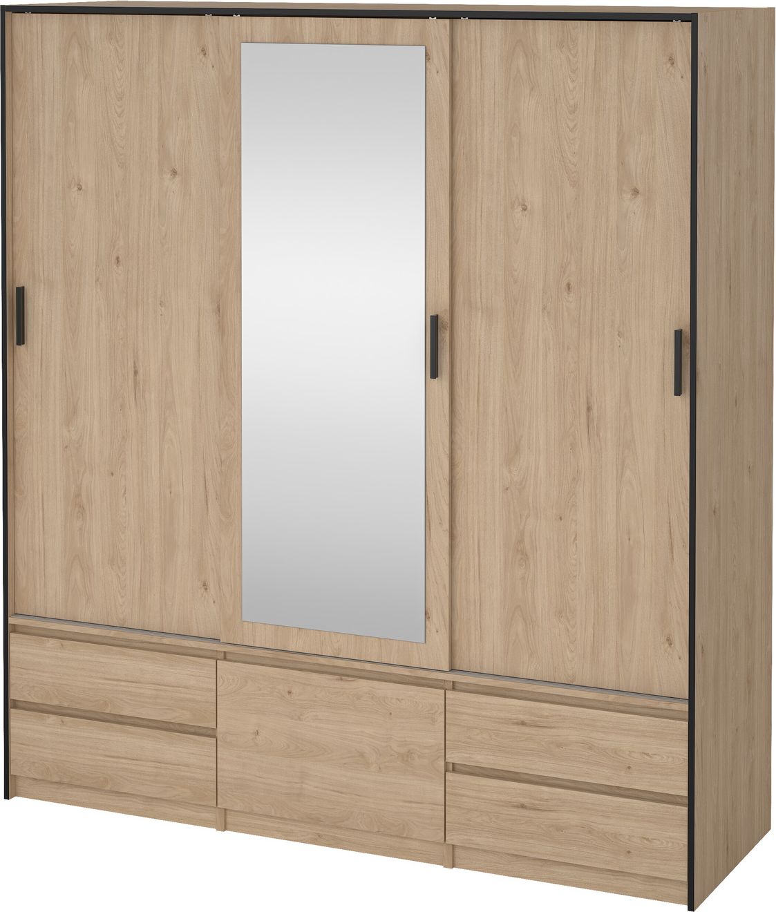 Garderobeskab Vesterholm Liva   Skydedøre Midterdør Med Spejl    Lille Dør    Skuffer  Jackson Hickory  H200ã B181ã D60 Cm