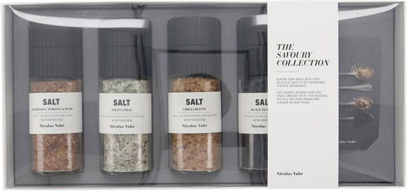 Gaveæske med Gourmetsalte og Kværne fra Nicolas Vahé