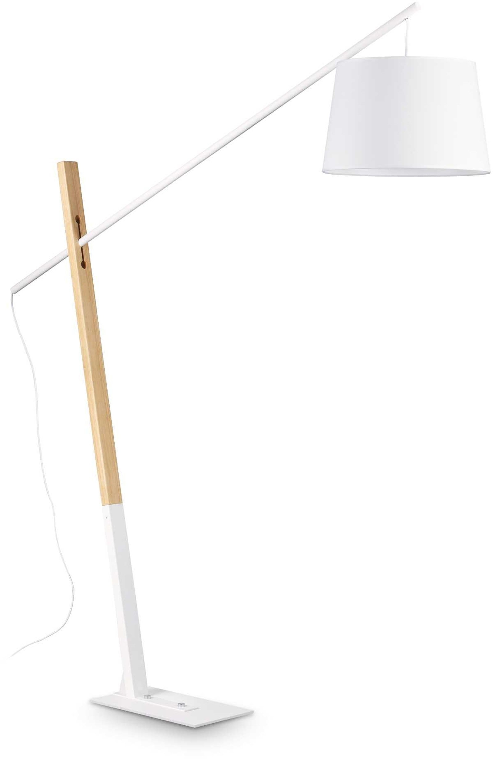 Gulvlampe Ideal Lux Eminent Hvid Med Træstang Og Stofskærm ø42   H230 Cm