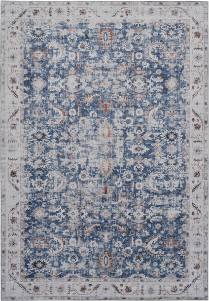 Gulvtæppe Løber Loomery Visco 230x60 Cm Blå Elfenben Broderet Floral-geometrisk Print Polyester Skridsikker Bagside