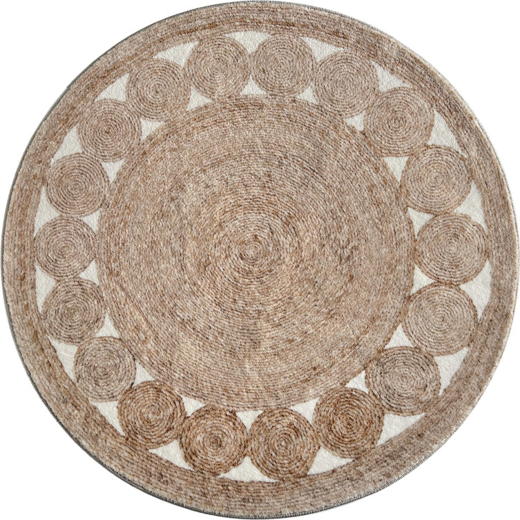 Gulvtæppe Loomery Brady ø90 Cm Beige Polyester  Højde 12 Cm  Spiralprint  Blødt Og Slidstærkt