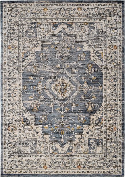 Gulvtæppe Loomery Troye   Blå Med Medallion-design Og Gyldne Accenter   Slidstærk Polyester 200ã 290 Cm
