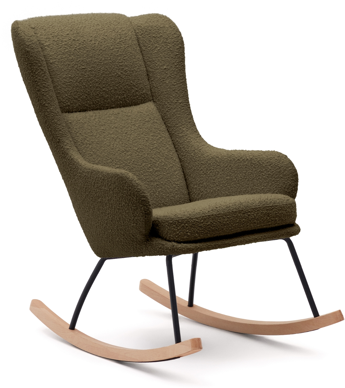 Gyngestol Kave Home Maustin Grøn Med Polstret Shearling-stof Sort Stålstel Og Bøgetræsskøjter H106xb68xl95 Cm