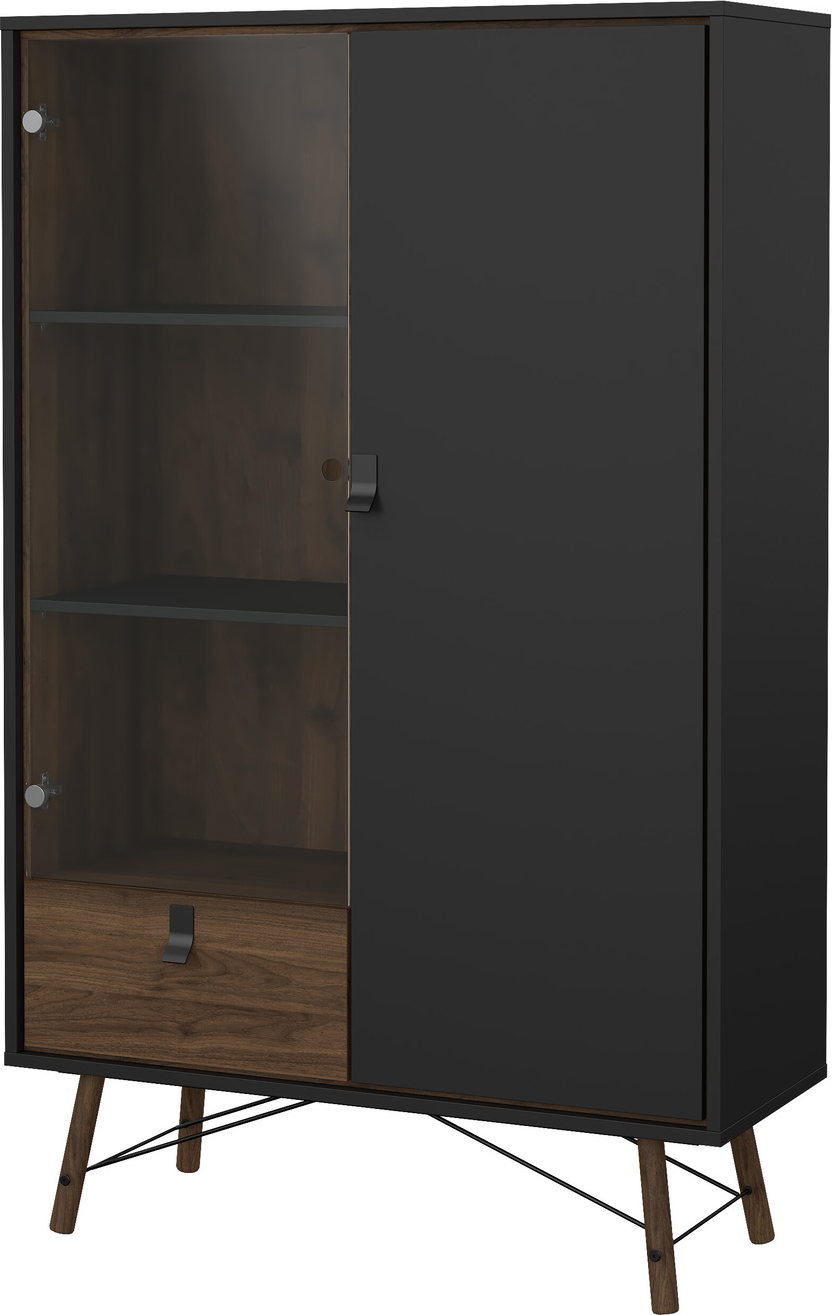 Højskab Vesterholm Askø Vitrineskab Vægmonteret    Døre   Skuffe  Valnød Mat Sort  Fsc  H162   B102   D40 Cm