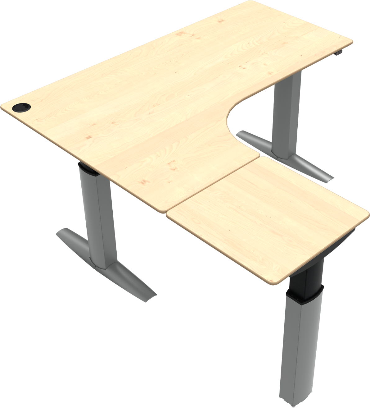 -form Tre-bens Hæve- Sænkebord Zennord Elevateline Venstrevendt 180x180 Cm Ahorn Sølv