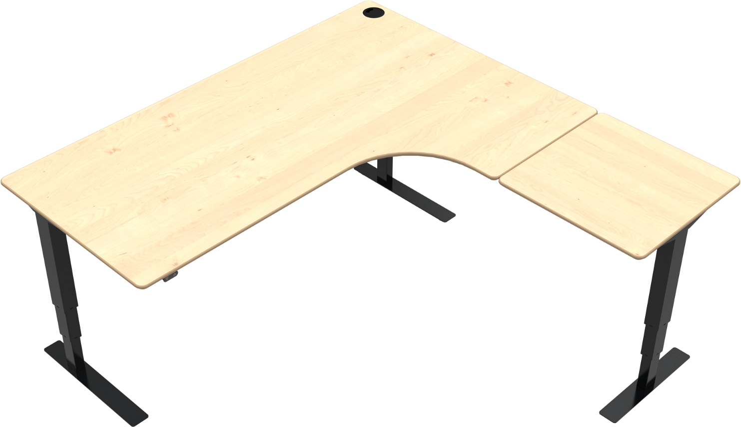 -formet Tre-bens Hæve- Sænkebord Sit-stand Skrivebord Zennord Versastand 501-37 Natur Ahorn Sort 180x180 Cm
