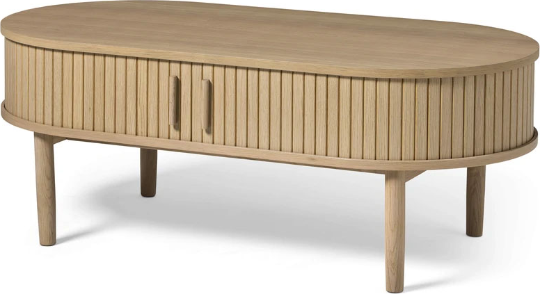Ovalt Sofabord Nordique Design Meta Hvidpigmenteret Egetræ Med Integrerede Låger  H45ã B120ã L60 Cm