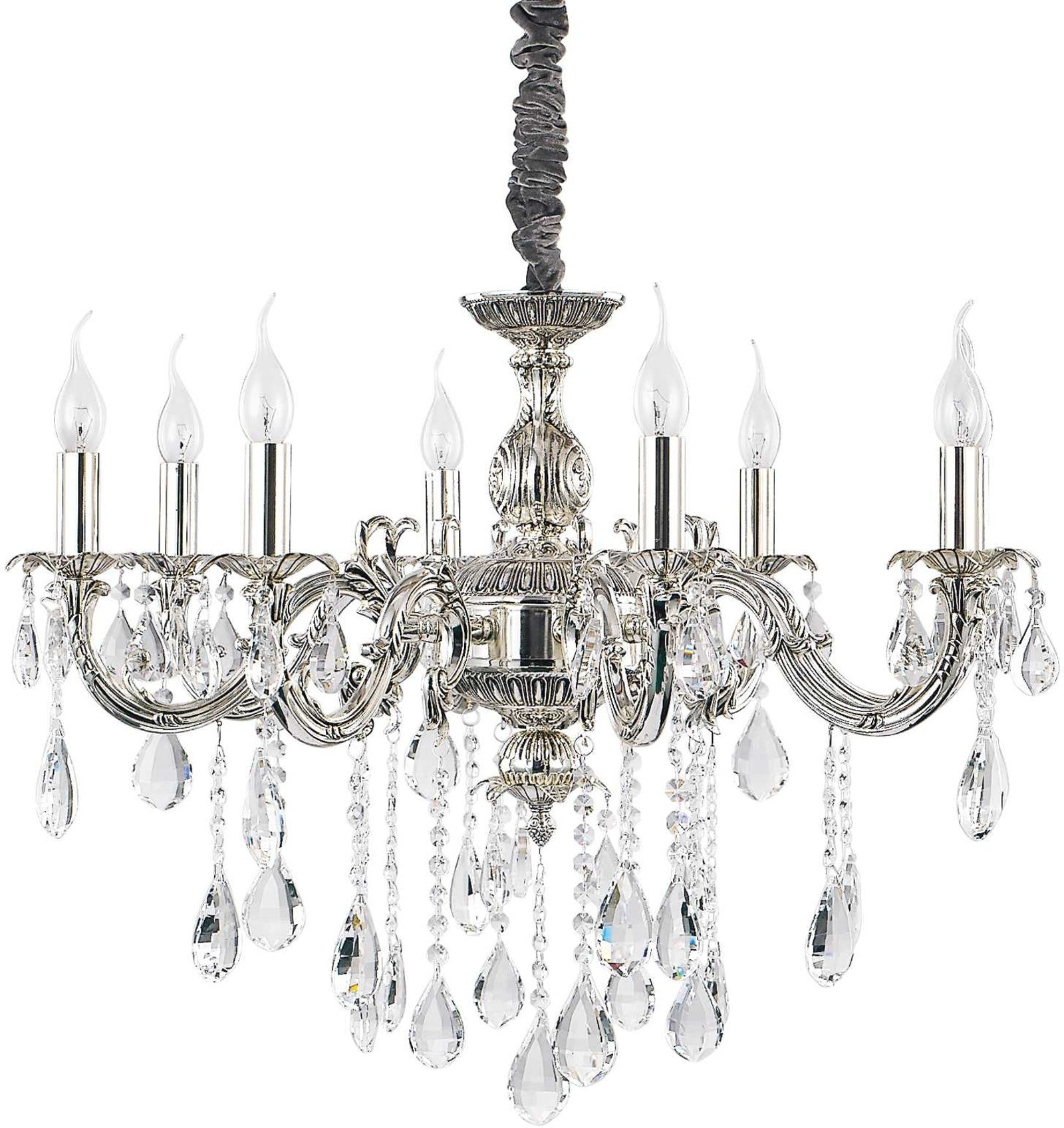 Pendellampe Ideal Lux Impero ø75 Cm Justerbar Højde Loftlampe Sølv Med Krystaller 8xe14