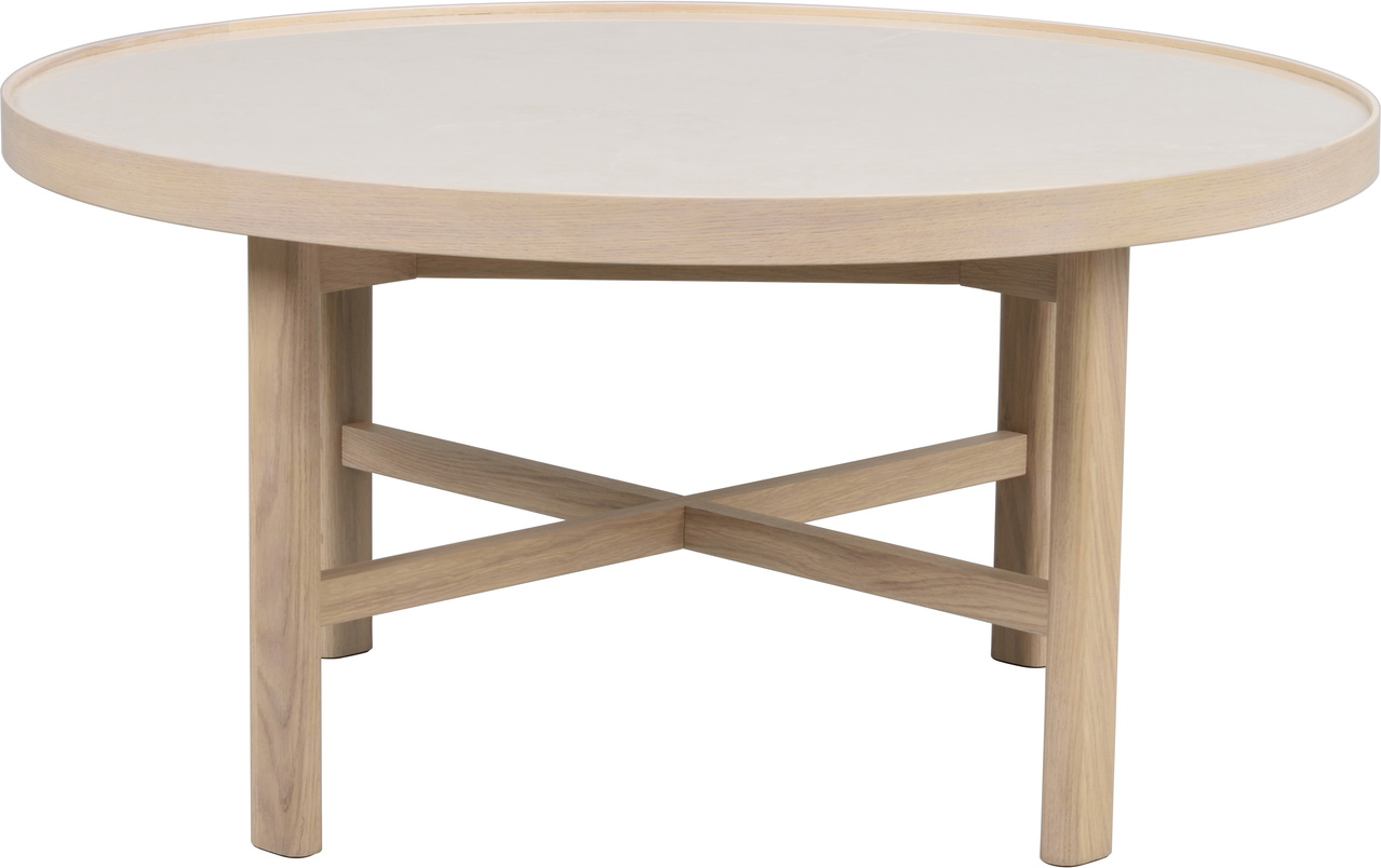 Rundt Sofabord Og Kaffebord Rowico Marsden Beige Keramisk Sten Hvidvasket Egetræ ø90 H45 Cm