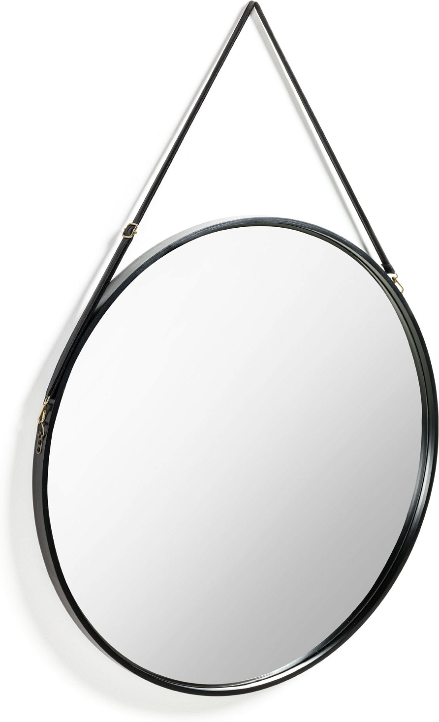 Rundt Vægspejl ø80 Cm Kave Home Raintree   Sortmalet Mdf   Glas Med Justerbar Sort Kunstlæderrem