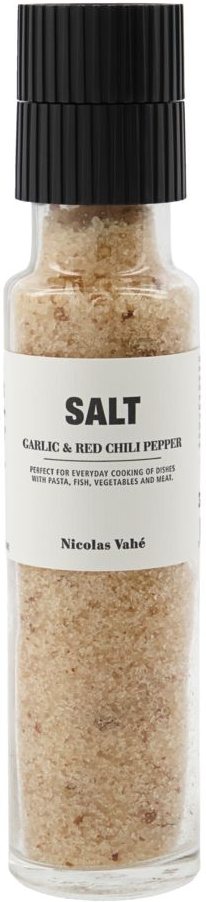 Salt Med Kværn Nicolas Vahé Salt   Garlic   Red Chilli Pepper Havsaltblanding  Sort Orange Glas ø5   H23 Cm