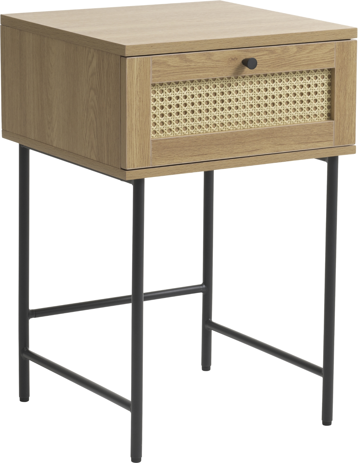 Sidebord Nordique Design Pensacola Småbord  Natur Egetræ Med Rattan-skuffe  Sorte Metalben  70ã 45ã 45 Cm