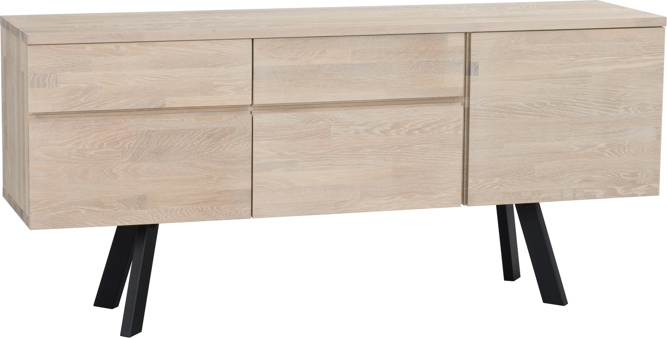 Skænk Rowico Fred Hvidkalket Fsc-eg Med Børstet Ståltop Og Sorte Metalben 79ã 170ã 42 Cm Soft-close Låger   Push-open Skuffer
