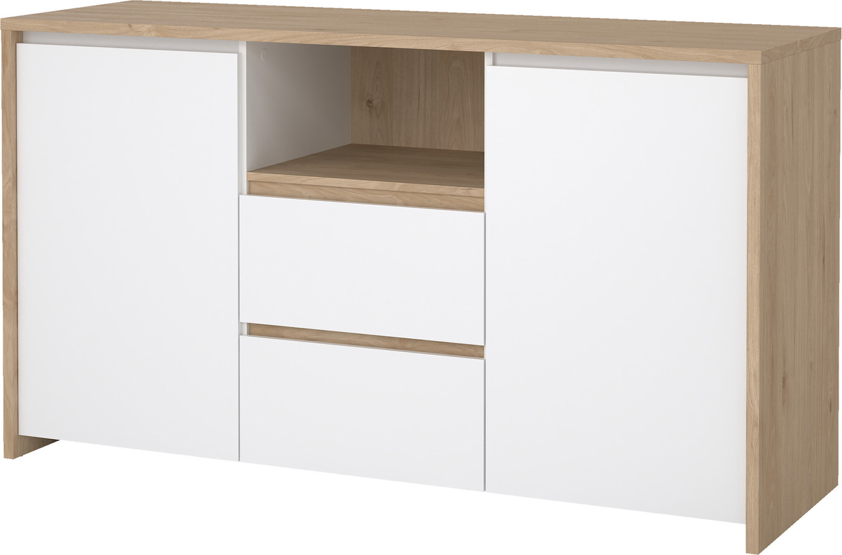 Skænk Sideboard Vesterholm Next  Jackson Hickory Hvid Højglans     Døre    Skuffer  åbent Rum  Fsc  H83 8xb148 6xd48   Cm