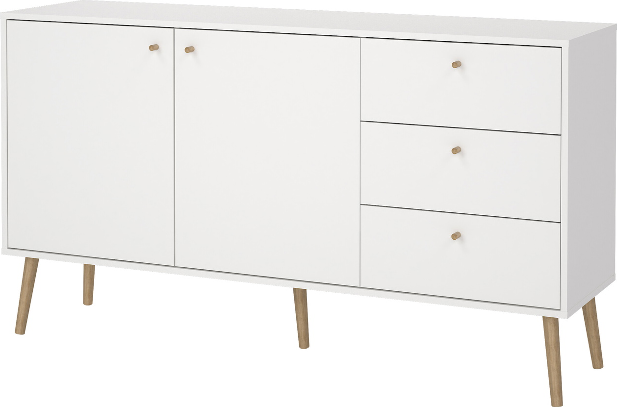 Skænk Vesterholm Bodo  Hvid Folie    Døre    Skuffer  Justerbare Hylder  Massivt Træhåndtag  B147   D39   H82 Cm