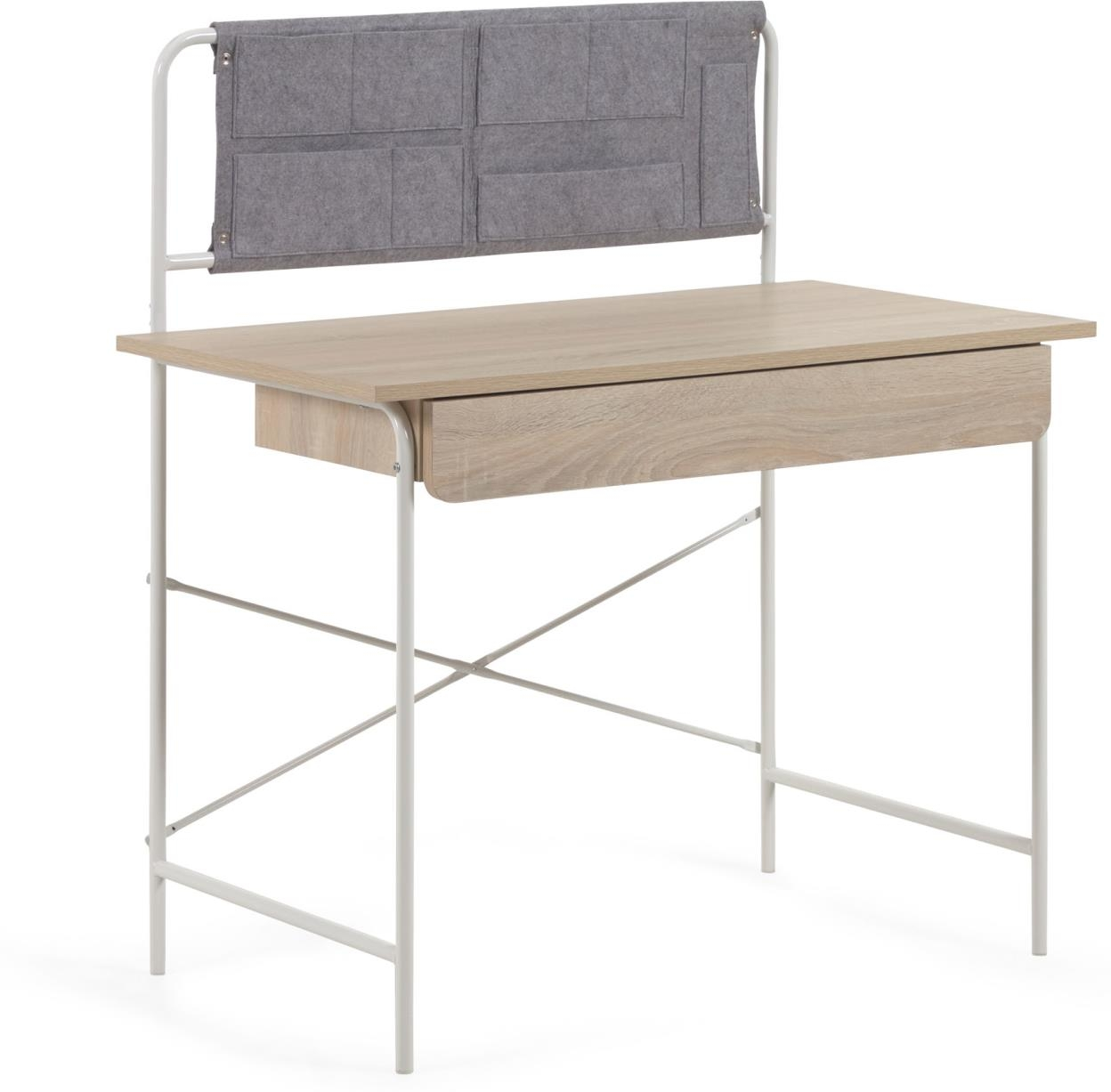 Skrivebord Kave Home Yamina Hvid Grå Melamin Træeffekt Stål Med Skuffe Og Stoflommer 100ã 62ã 109 Cm