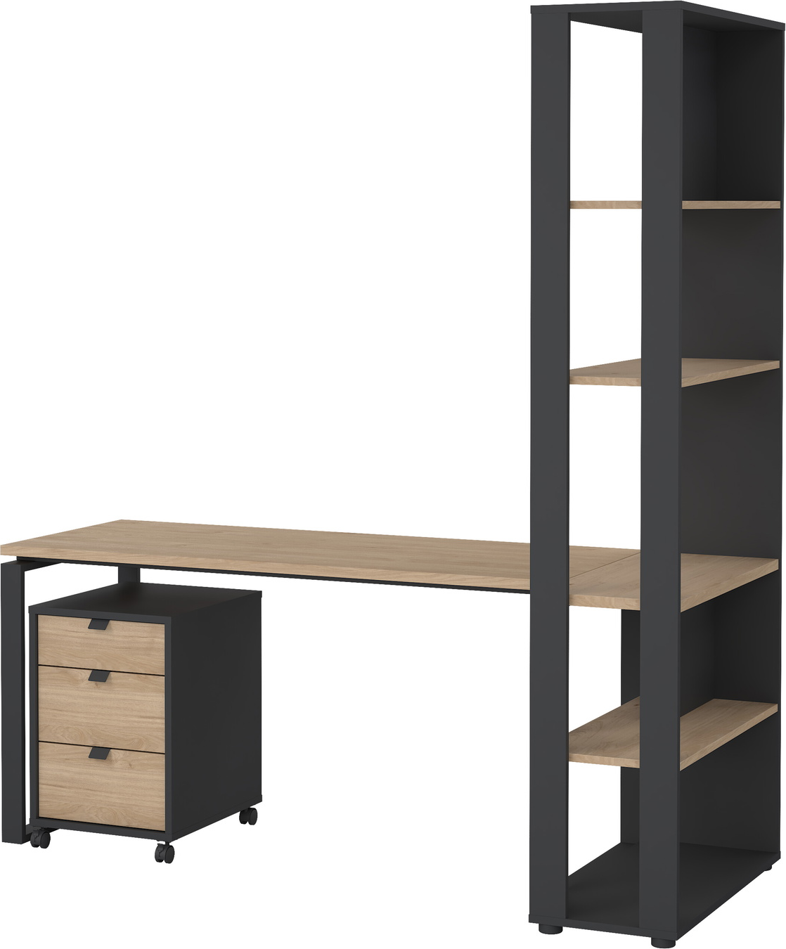 Skrivebord Med Mobilt Skab Og Bogreol Vesterholm Formé  Spånplade  Jackson-hickory Matgrå  Skuffehåndtag   Stål  H205ã B184ã D80 Cm