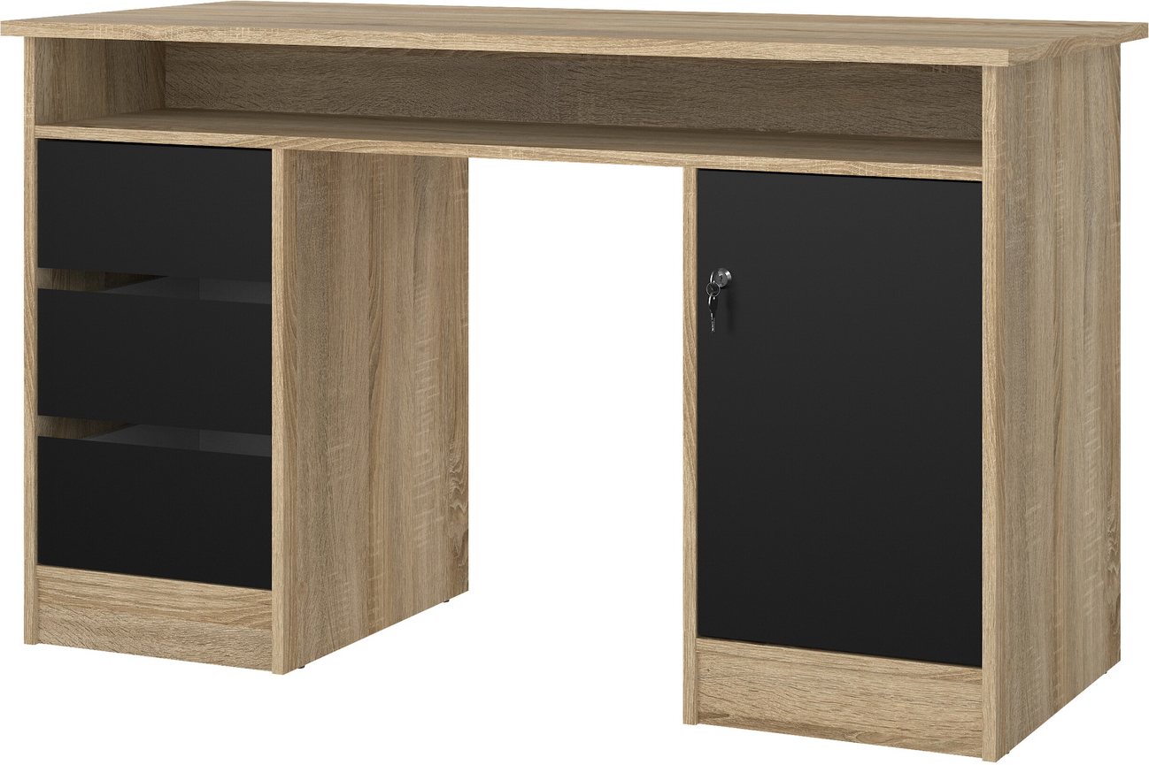 Skrivebord Vesterholm Function Plus  Egestruktur Sorte Fronter    Skuffer  Foliebeklædt Bordplade  126x55x75   Cm  Fsc